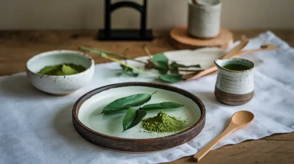 matcha and green tea leaves on the table