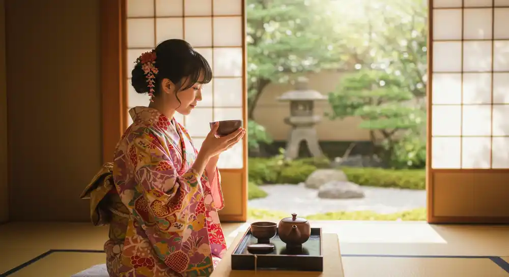 a japanese woman drinking matcha green tea