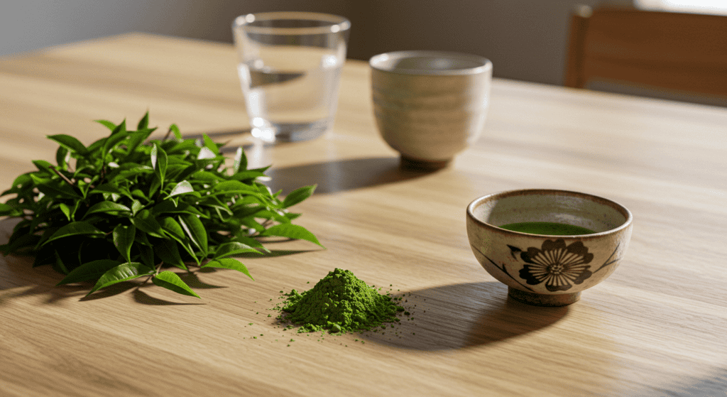 green tea and matcha leaves on a table