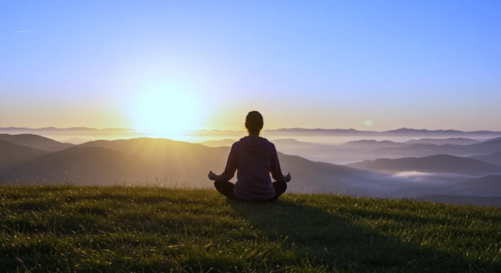 a woman doing breathing at sunrise
