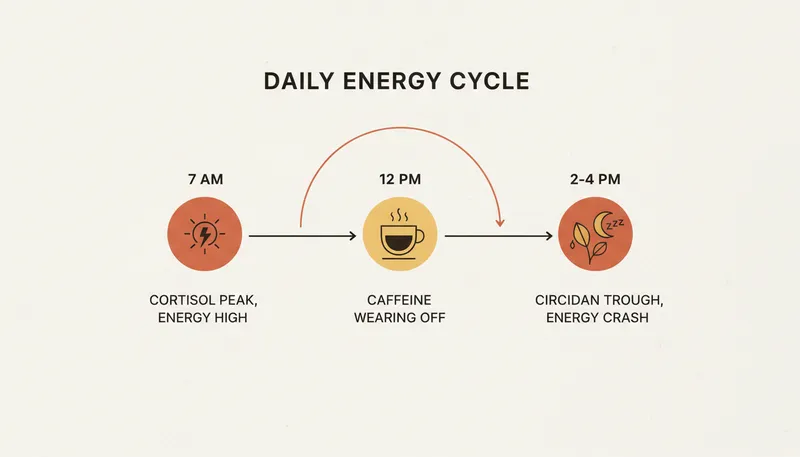 afternoon crash infographic showing a simple timeline — 7 AM (cortisol peak, energy high), 12 PM (caffeine wearing off), 2-4 PM (circadian trough, energy crash)